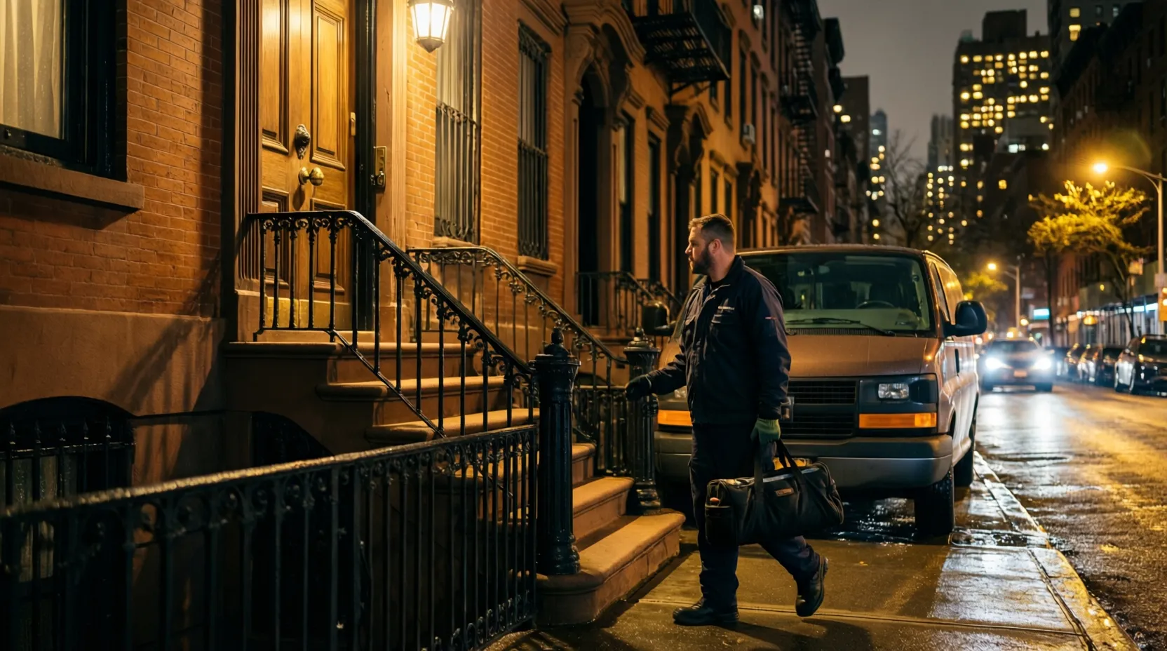 Emergency NYC locksmith arriving at a brownstone at night